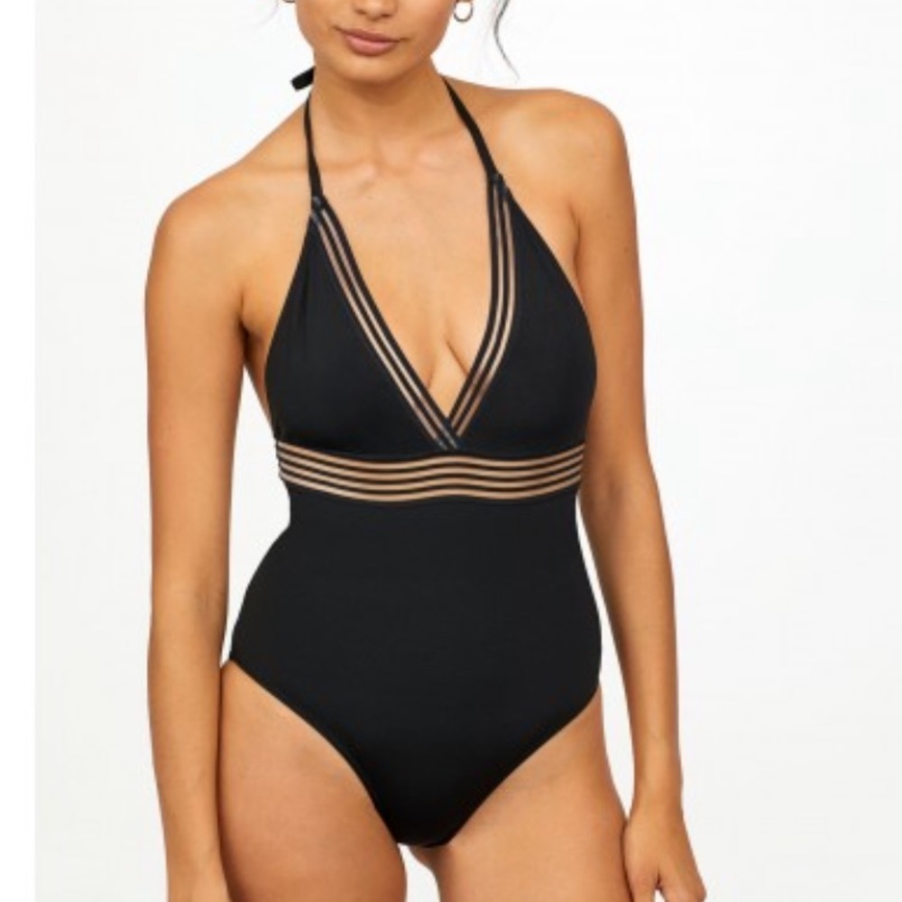 NWT H&M black vneck halter one piece swim